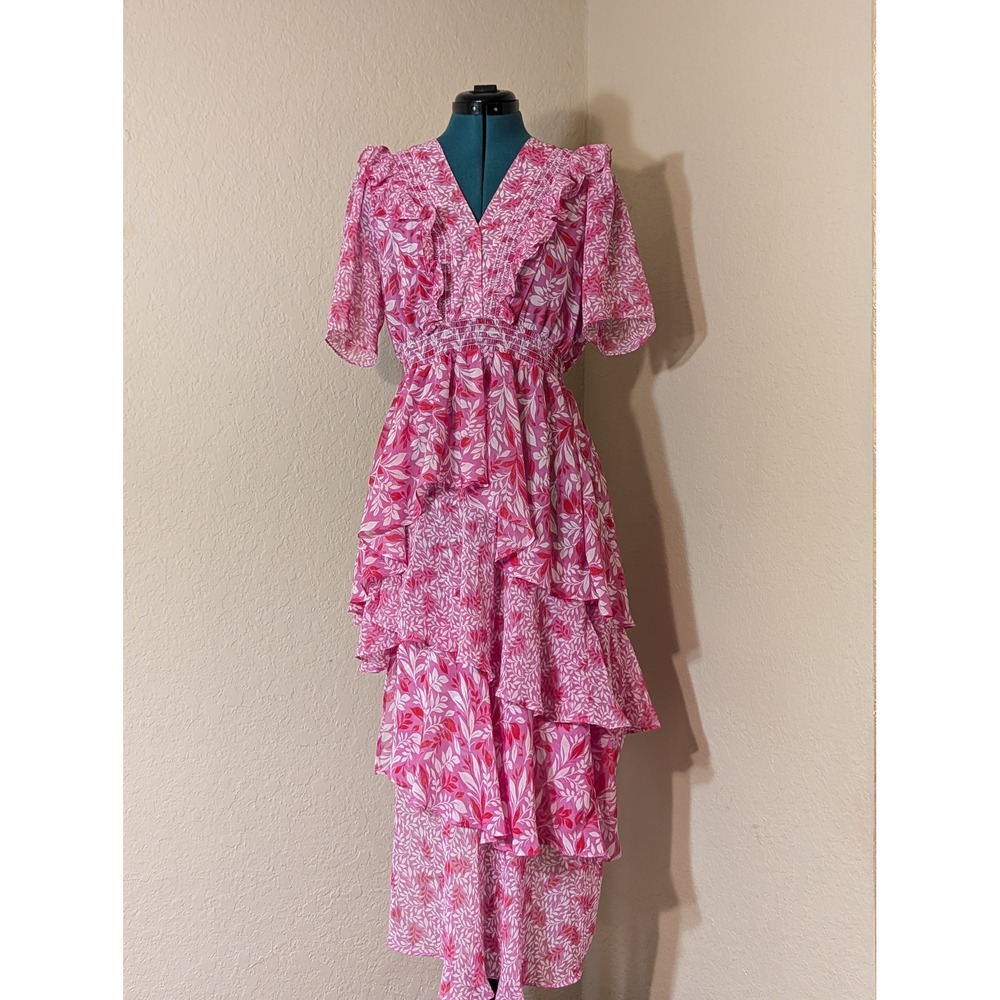 Hale Bob Pink Floral Tiered High-Low Maxi Dress Smocked Waist V-Neck Medium